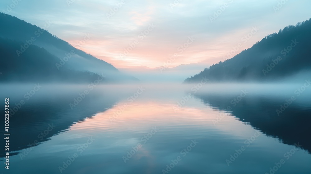 Fototapeta premium Beautiful mountain lake reflecting pastel colors at sunrise