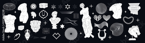 Greek cyberpunk retro sculptures Y2K vector set