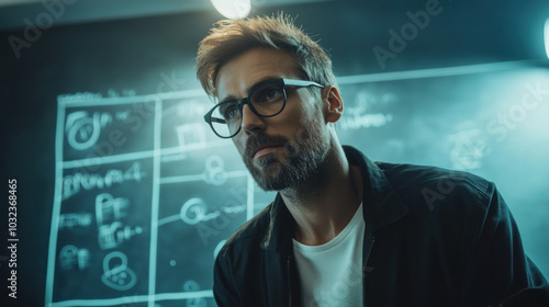 Mathematician solving complex equations on a board photo