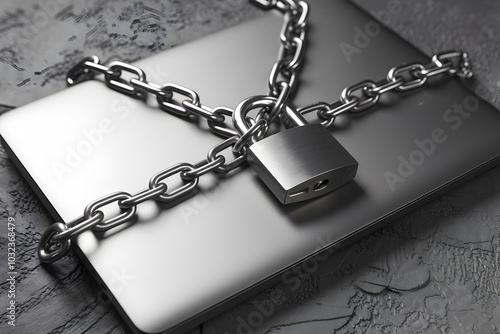 Laptop secured with chain and padlock, symbolizing strong cybersecurity measures
