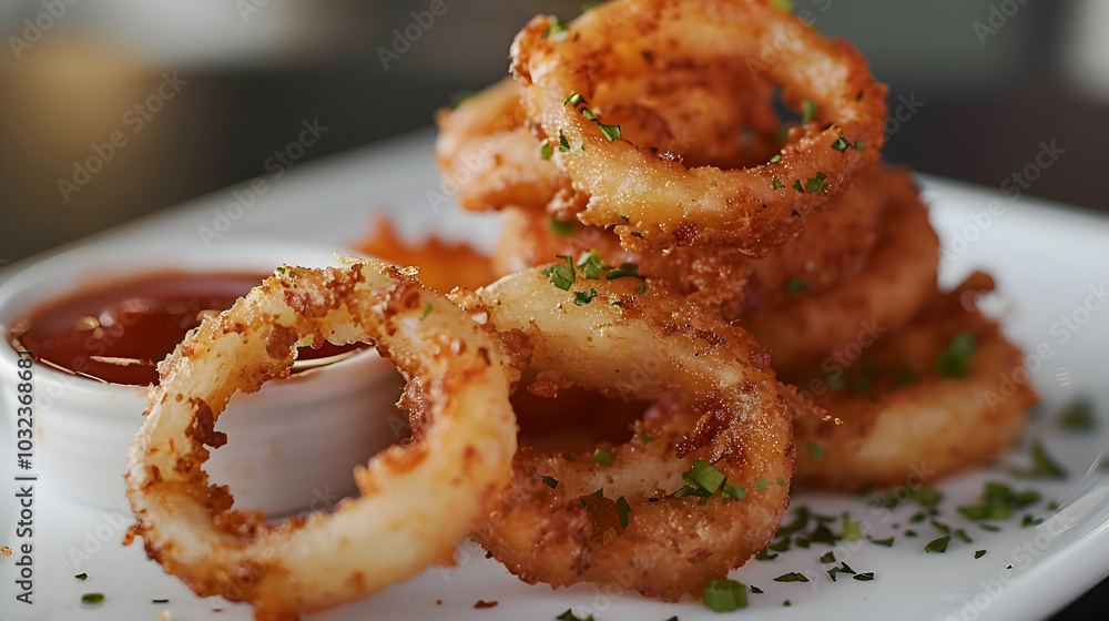 Onion rings served with a side of dipping sauce