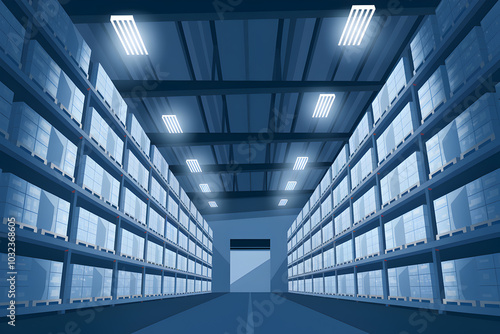 Dimly lit warehouse with towering shelves filled with organized boxes