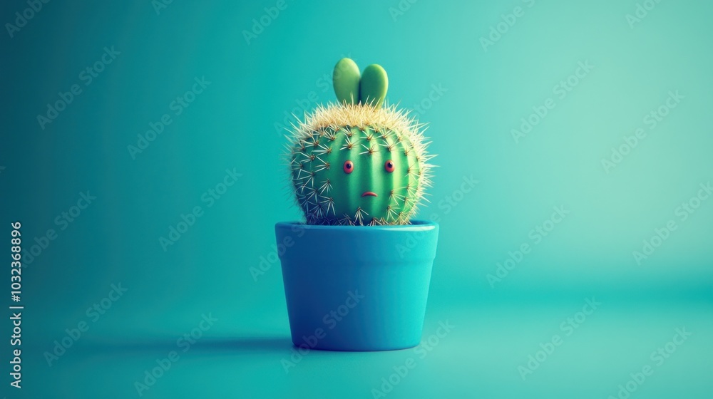 A whimsical cactus with bunny ears in a blue pot against a vibrant background. A whimsical cactus with bunny ears in a blue pot against a vibrant background.