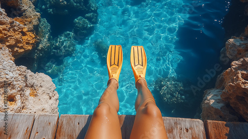 Top view of woman legs in yellow flippers standing on wooden pier in blue sea water photo