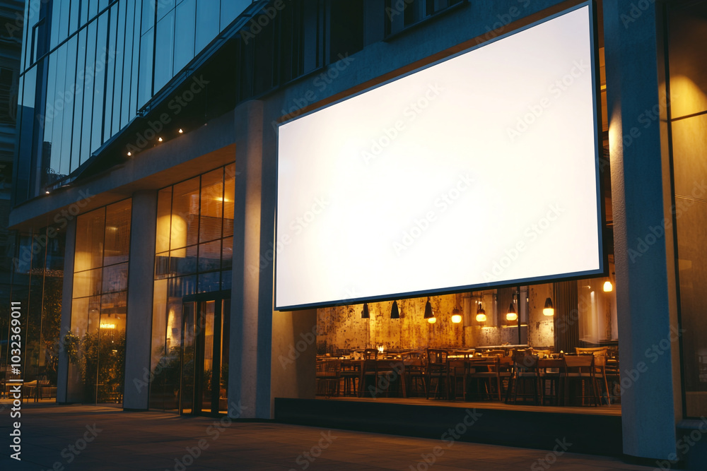 A blank white billboard on the side of an urban building at night. A blank white billboard on the side of an urban building at night.