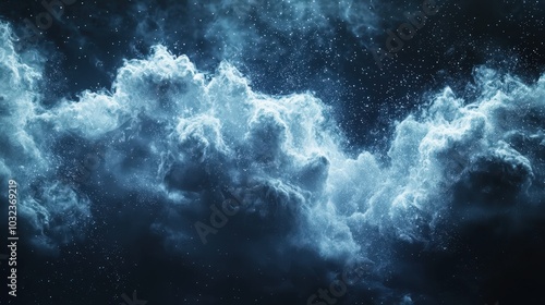 Dynamic formation of abstract particles creating cloud-like shapes in a dark environment