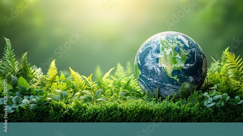 Earth globe green plants trees mountain silhouettes on a calming blue background A banner below showcases Earth Day raising awareness of environmental issues and the importance of preserving nature photo