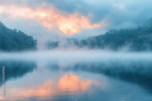 Misty sunrise over a calm lake reflecting colorful clouds at dawn