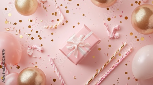 Festive Pink Gift Box with Party Balloons