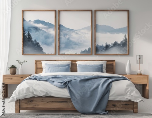 Rustic wooden bed with blue pillows and two bedside cabinets against white wall with three posters frames. Farmhouse interior design of modern bedroom.  photo