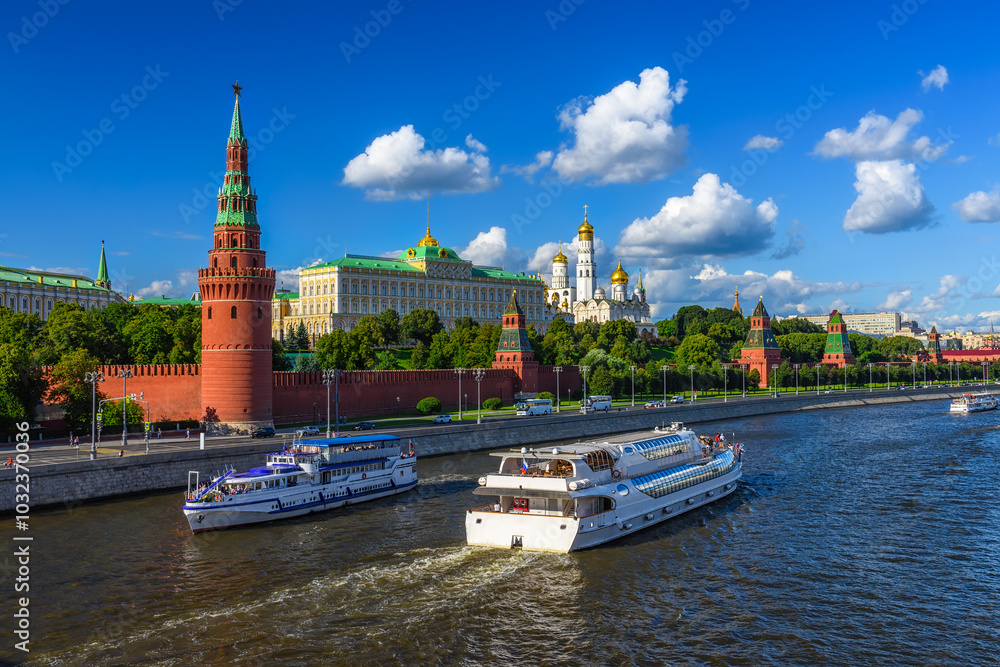 Moscow Kremlin, Kremlin Embankment and Moscow River in Moscow, Russia. Architecture and landmark of Moscow Moscow Kremlin, Kremlin Embankment and Moscow River in Moscow, Russia. Architecture and landmark of Moscow