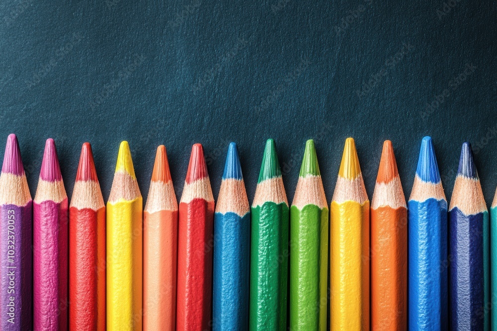 Row of colorful pencils is lying on a dark blue surface Row of colorful pencils is lying on a dark blue surface