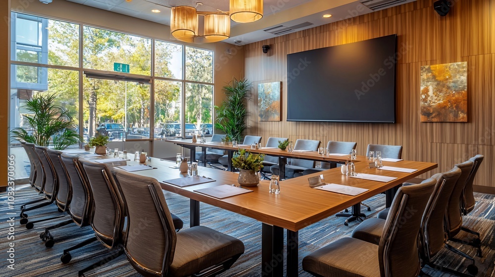 Modern conference room with large screen, wooden table, and chairs. Modern conference room with large screen, wooden table, and chairs.