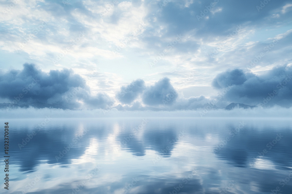 Tranquil morning with soft clouds reflecting on calm waters Tranquil morning with soft clouds reflecting on calm waters