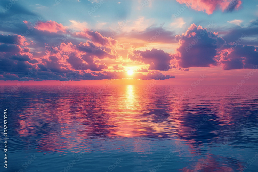 Obraz premium Vibrant sunset over a calm ocean reflecting pink and orange hues
