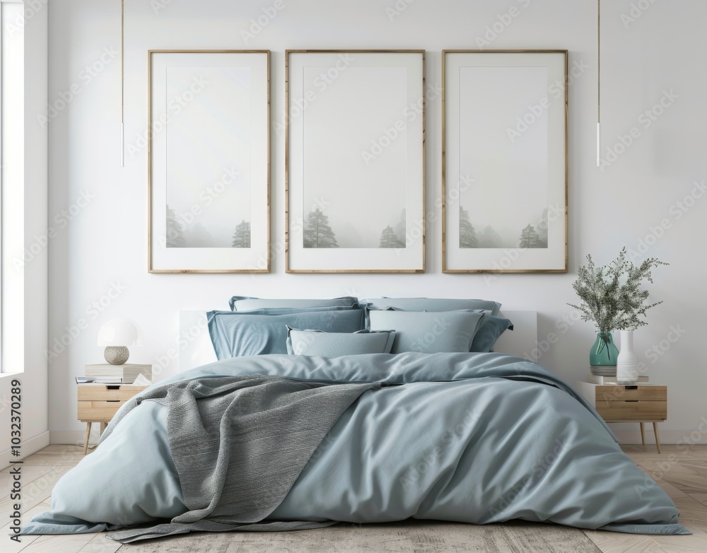 Rustic wooden bed with blue pillows and two bedside cabinets against white wall with three posters frames. Farmhouse interior design of modern bedroom Rustic wooden bed with blue pillows and two bedside cabinets against white wall with three posters frames. Farmhouse interior design of modern bedroom