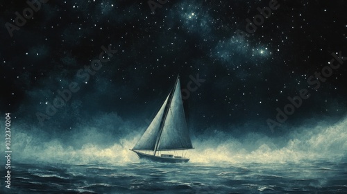 A serene night scene featuring a sailboat navigating through starry waters.