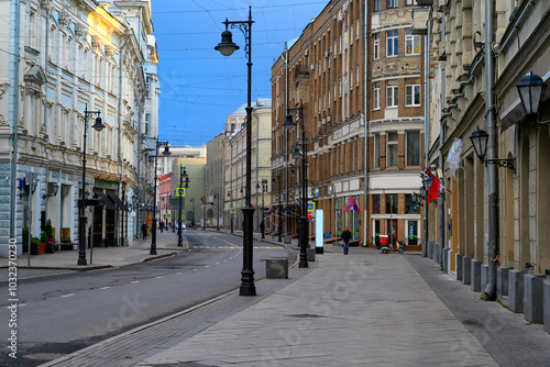 Myasnitskaya street in Moscow, Russia. Moscow architecture and landmark. Moscow cityscape