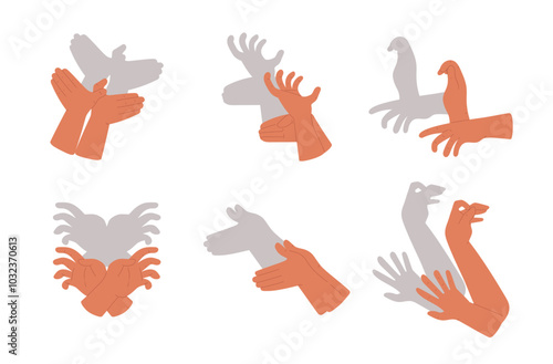Hand gestures shadow theater, showing birds, animals from palms and fingers vector flat set, gaming arm puppets dog crab