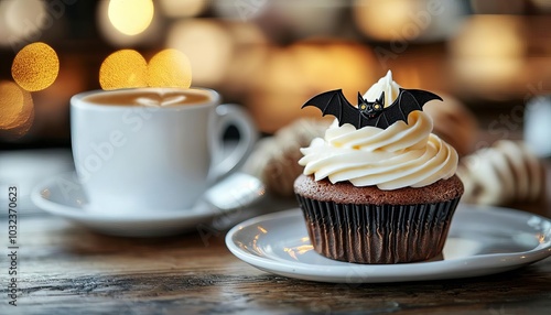 Delicious Halloween cupcake with bat decoration and coffee on wooden table.