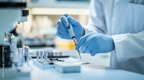 Skilled technician holding precision screwdriver, meticulously repairing small electronic device on clean workbench. Detailed repair process in focus. 