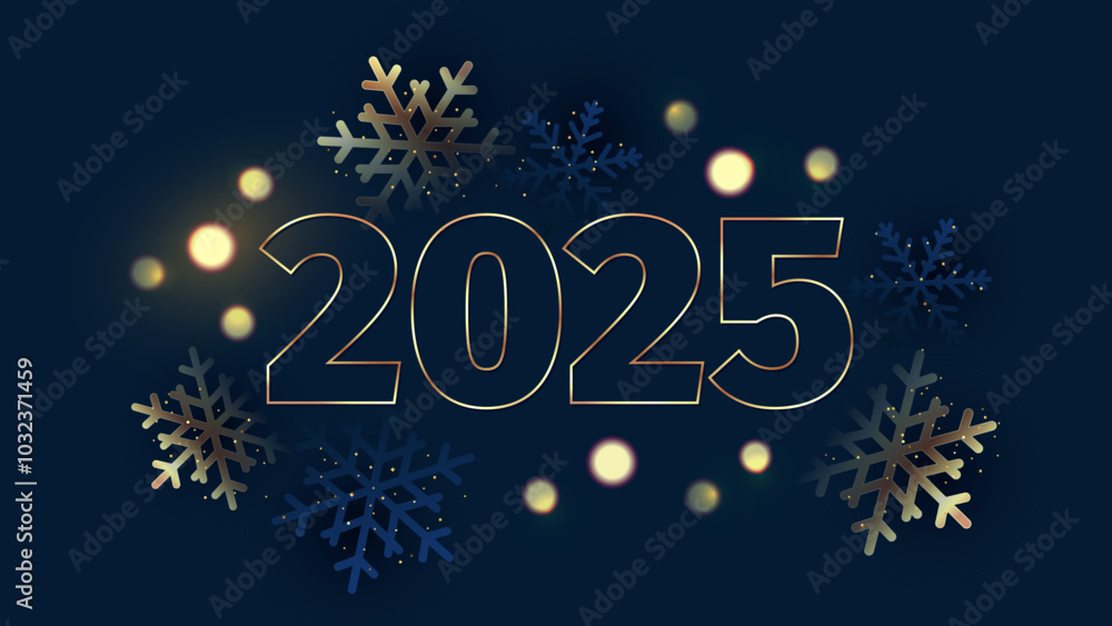 Navy New year background with gold digits 2025, snowflakes and bokeh Navy New year background with gold digits 2025, snowflakes and bokeh