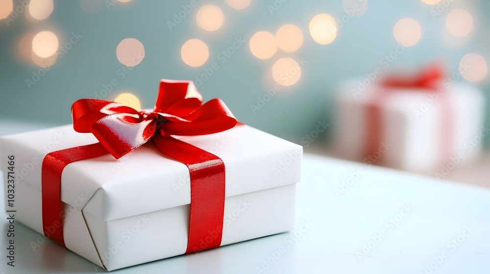 Close up view of a beautifully wrapped Christmas gift with a shiny red bow and festive holiday a cozy celebratory mood for the winter season Close up view of a beautifully wrapped Christmas gift with a shiny red bow and festive holiday a cozy celebratory mood for the winter season