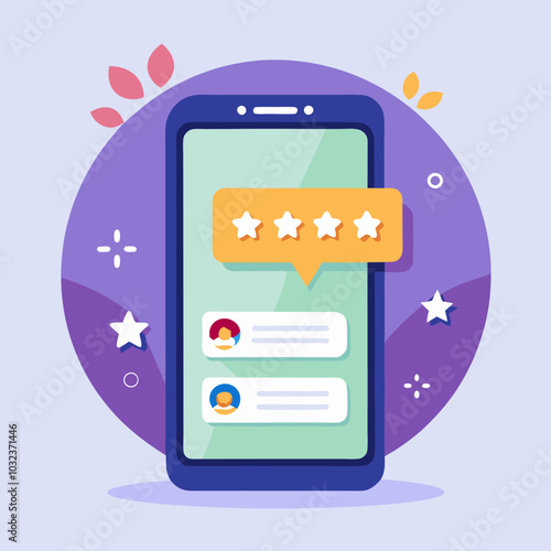 Review rating bubble speeches on mobile phone vector illustration, flat style smartphone reviews stars with good and bad rate and text, concept of testimonials messages, notifications, feedback