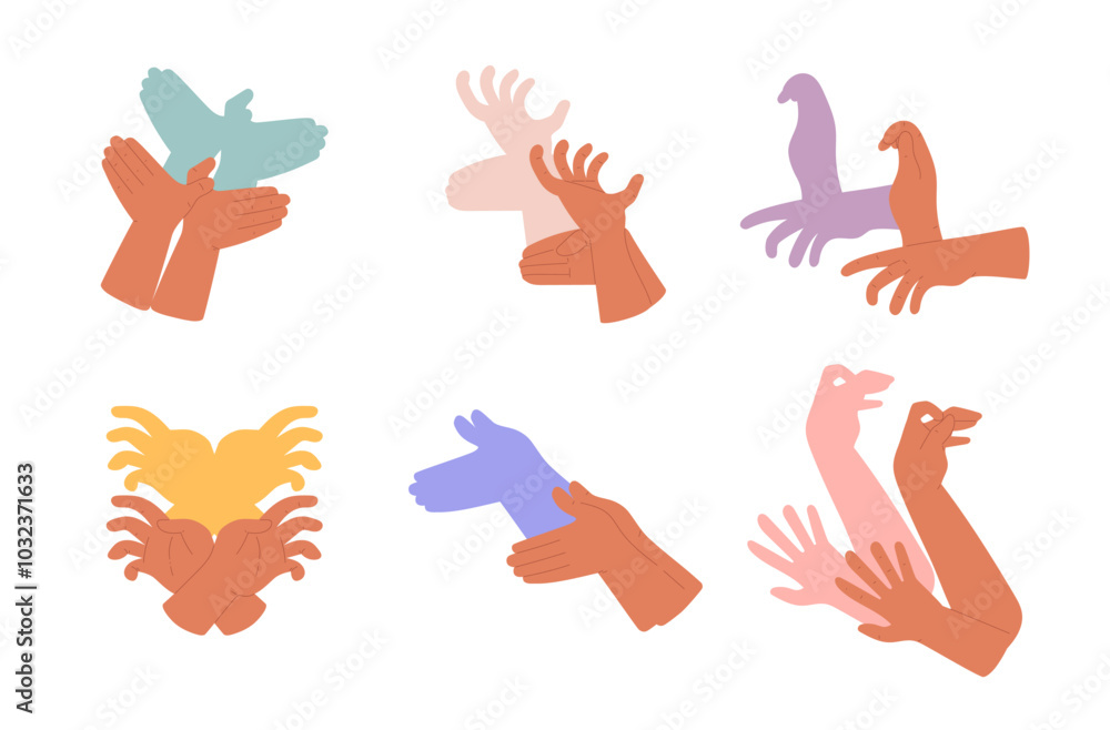 Fototapeta premium Creative shadow vectors of animals and birds on isolated background.