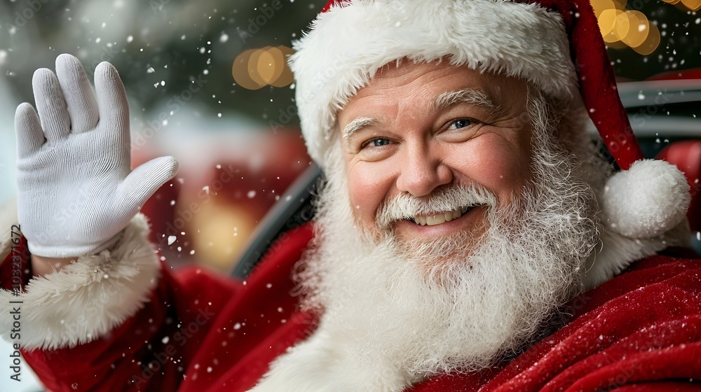 Jolly Santa Claus dressed in his iconic red suit waves merrily from his sleigh overflowing with wrapped presents as he delivers his yuletide cheer to excited children on a snowy winter day Jolly Santa Claus dressed in his iconic red suit waves merrily from his sleigh overflowing with wrapped presents as he delivers his yuletide cheer to excited children on a snowy winter day