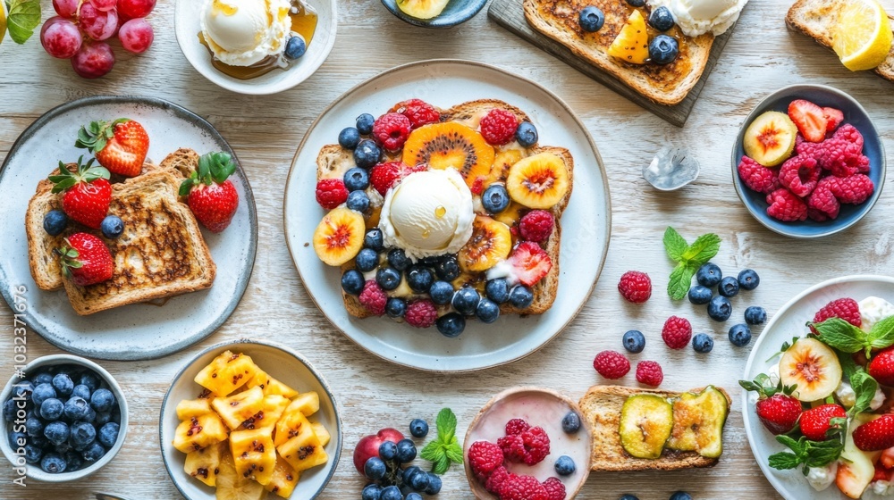 Colorful Breakfast Spread with Fresh Fruits and Ice Cream Colorful Breakfast Spread with Fresh Fruits and Ice Cream