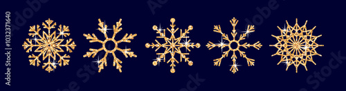 A collection of Sparkling snowflake icons perfect for winter decorations. Merry Christmas and Happy New Year. A holiday design featuring realistic festive elements and glittering gold confetti