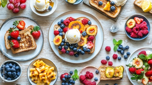 Colorful Breakfast Spread with Fresh Fruits and Ice Cream