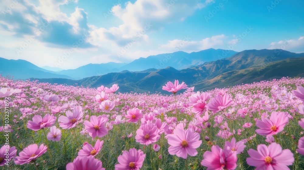 Pink Cosmos Flowers Blooming in a Field with Mountain Background Pink Cosmos Flowers Blooming in a Field with Mountain Background