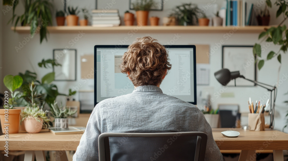 A person is focused on their computer screen in cozy workspace filled with plants and books. serene environment promotes productivity and creativity A person is focused on their computer screen in cozy workspace filled with plants and books. serene environment promotes productivity and creativity