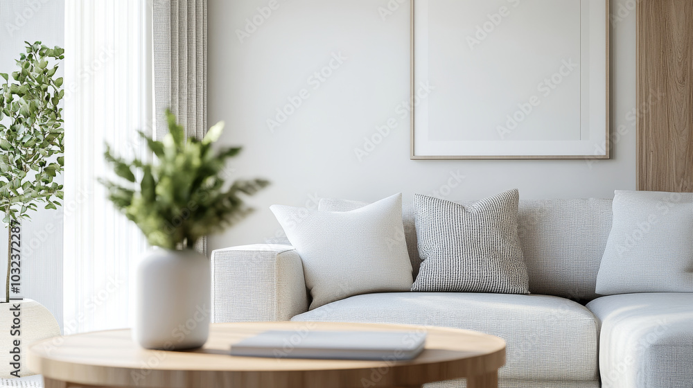 A modern living room featuring cozy white sofa adorned with textured pillows, wooden coffee table, and decorative plant. bright, airy atmosphere creates serene and inviting space A modern living room featuring cozy white sofa adorned with textured pillows, wooden coffee table, and decorative plant. bright, airy atmosphere creates serene and inviting space