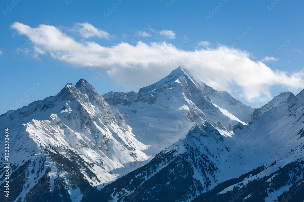 Snowy mountain peaks beneath clear blue sky, exuding serene, cold atmosphere Snowy mountain peaks beneath clear blue sky, exuding serene, cold atmosphere