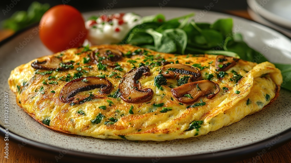 Fresh homemade omelette with mushrooms, feta cheese and herbs. A healthy protein breakfast with mushrooms and spinach Fresh homemade omelette with mushrooms, feta cheese and herbs. A healthy protein breakfast with mushrooms and spinach