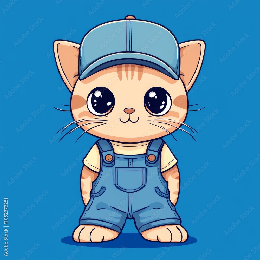 Fototapeta premium A cute cartoon cat is wearing overalls and a hat, with simple lines and flat colors in the style of Chibi animation. The background color should be blue