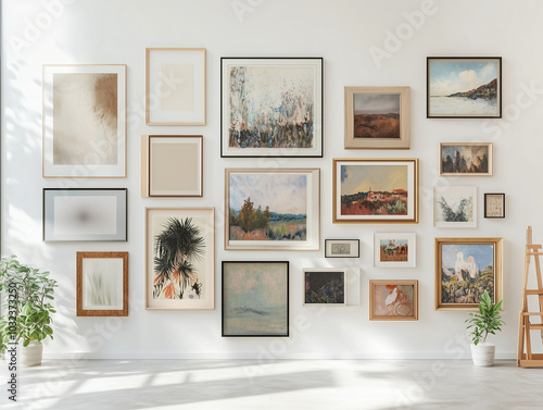 modern art gallery wall with various framed artworks