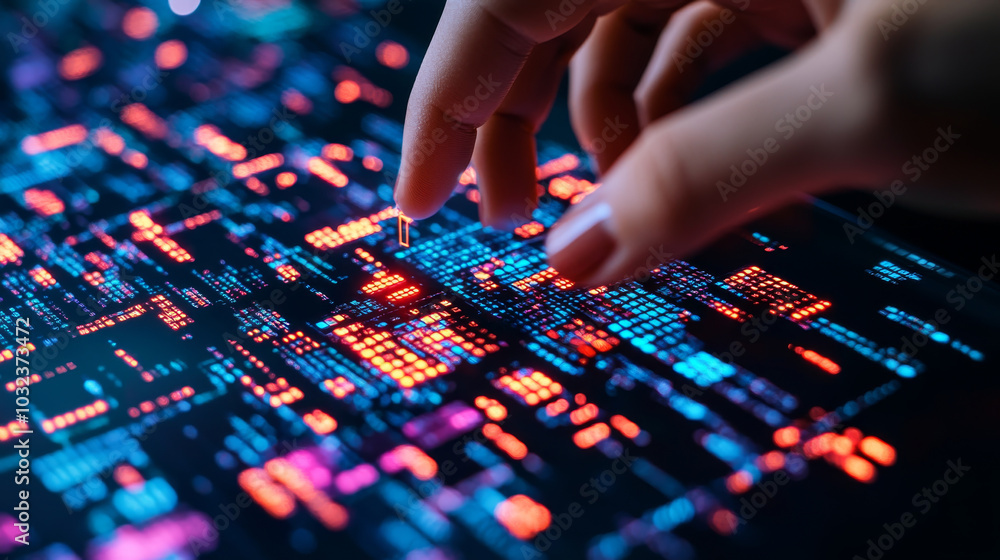 A hand interacts with vibrant digital interface displaying colorful data patterns and graphs, symbolizing technology and innovation A hand interacts with vibrant digital interface displaying colorful data patterns and graphs, symbolizing technology and innovation