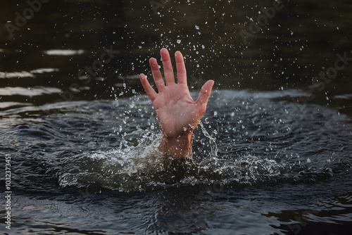 Hand emerges from water, surrounded by splashes, evoking urgency or distress