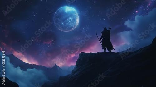 Silhouette of Archer Under Starry Sky and Distant Planet