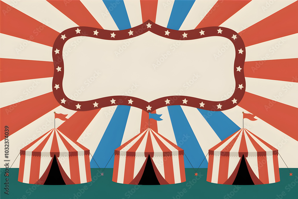 Obraz premium Retro circus poster with striped tents evokes festive, nostalgic atmosphere