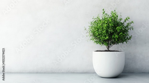 A small green plant in a white pot against a minimalist wall, showcasing simplicity and nature.