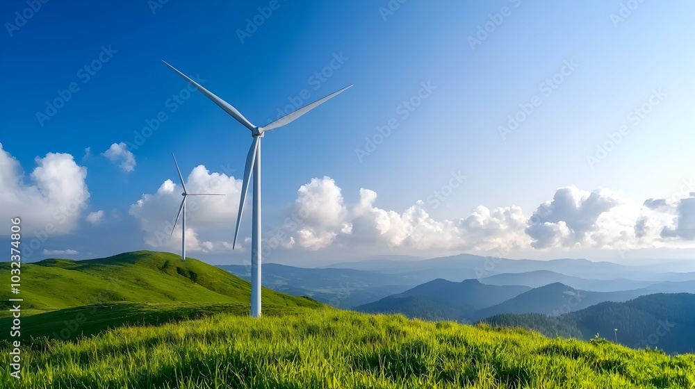 Majestic wind turbines standing tall in a serene fog shrouded rural landscape generating clean sustainable electricity to power the surrounding area Majestic wind turbines standing tall in a serene fog shrouded rural landscape generating clean sustainable electricity to power the surrounding area