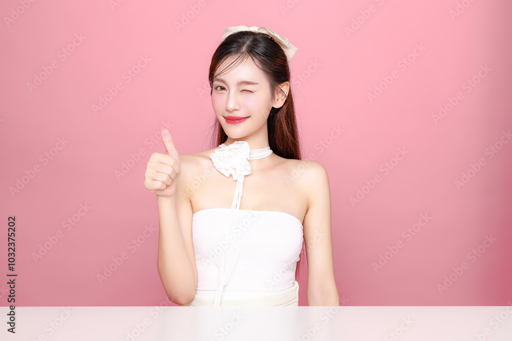 Pretty Asian woman model long hair perfect clear fresh skin smile on isolated pink background. Portrait elegant female beauty blogger make up artist in studio. Skincare, plastic surgery, spa concept. Pretty Asian woman model long hair perfect clear fresh skin smile on isolated pink background. Portrait elegant female beauty blogger make up artist in studio. Skincare, plastic surgery, spa concept.