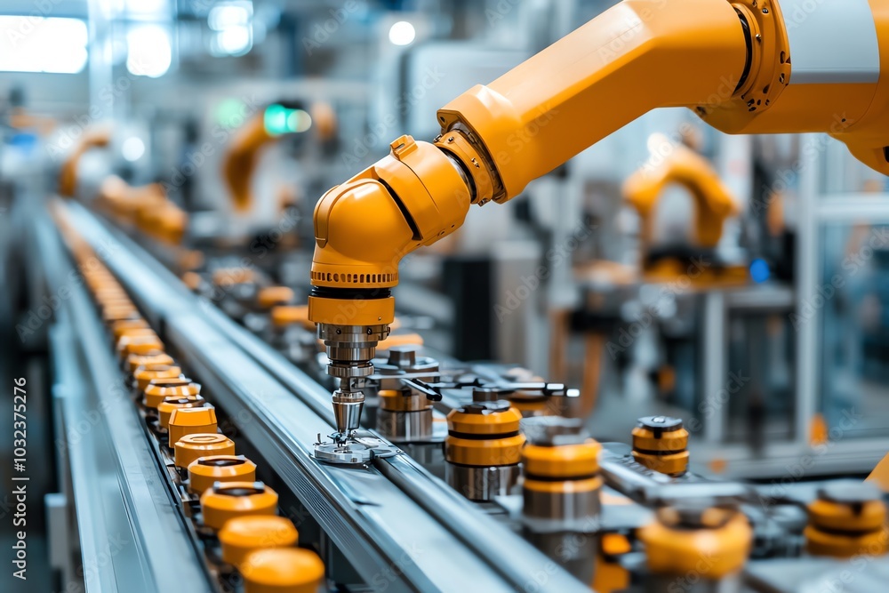 A robotic arm operates on an automated assembly line in a factory. A robotic arm operates on an automated assembly line in a factory.
