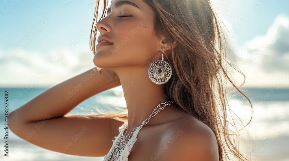 A beachgoer sporting a bohemian-chic look is having a good time. She has a great tan and is wearing Indian silver jewelry. A beachgoer sporting a bohemian-chic look is having a good time. She has a great tan and is wearing Indian silver jewelry.