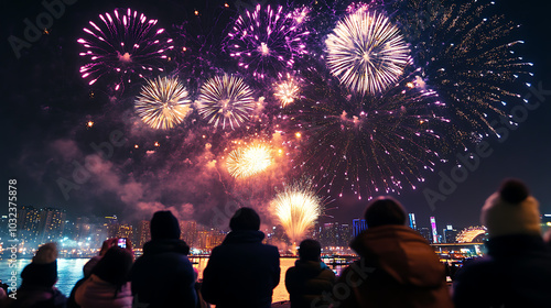 Wallpaper Mural A festive atmosphere with people watching an elaborate fireworks show over the city, celebrating the arrival of the New Year  Torontodigital.ca